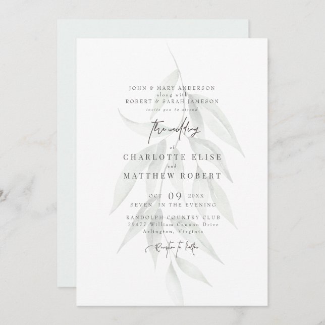 Invitación Boda moderno de follaje silencioso de salvia liger (Anverso / Reverso)