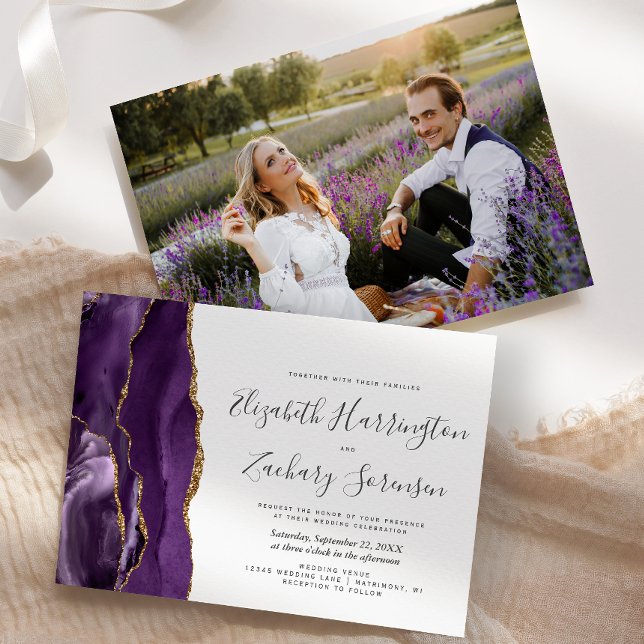 Invitación Boda moderno de foto Purple Gold Agate (Subido por el creador)