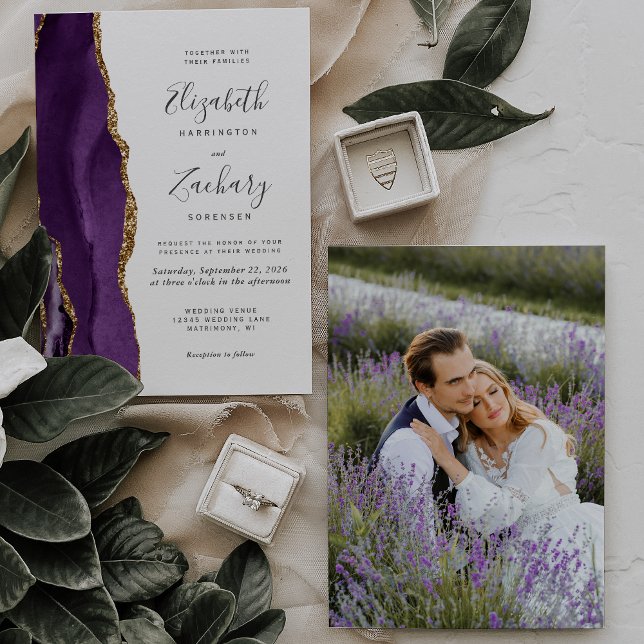 Invitación Boda moderno de foto Purple Gold Agate (Subido por el creador)