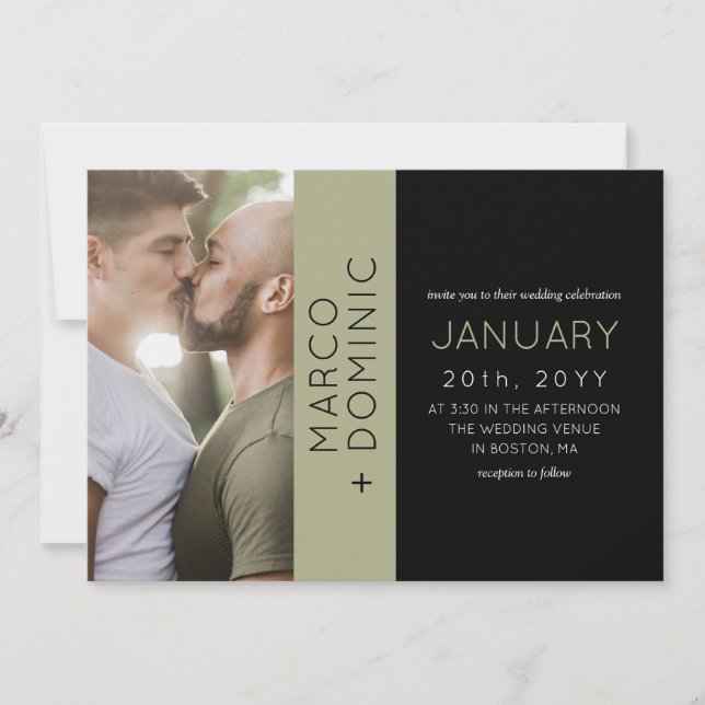Invitación Boda moderno de foto verde oliva negra (Anverso)