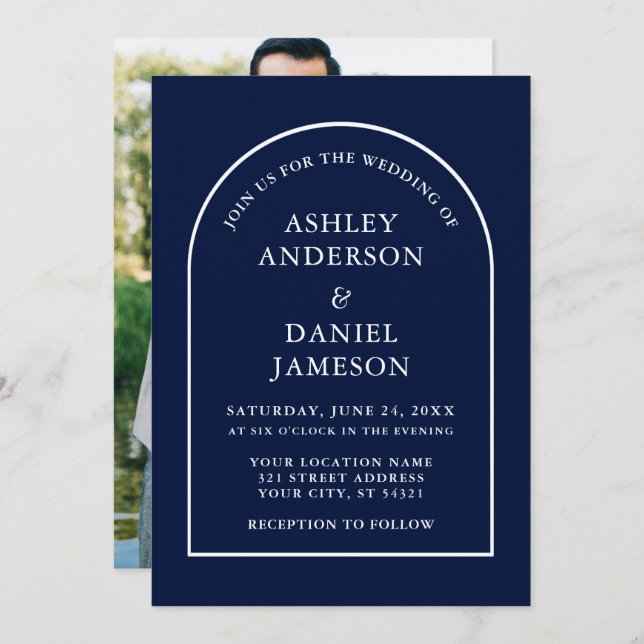 Invitación Boda moderno de fotografía Arch Blue (Anverso / Reverso)