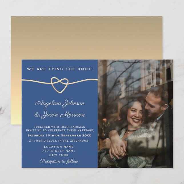 Invitación Boda moderno de fotografía azul del corazón dorado