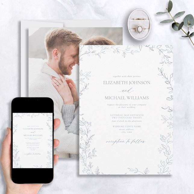 Invitación Boda moderno de fotografía azul turbulenta con hoj (Subido por el creador)
