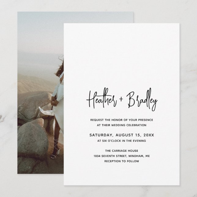 Invitación Boda moderno de fotografía minimalista en blanco y (Anverso / Reverso)