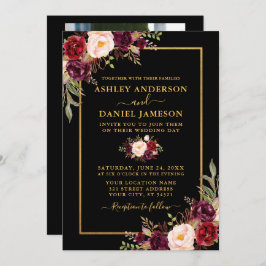 Invitación Boda moderno de fotos de oro negro con flores de B