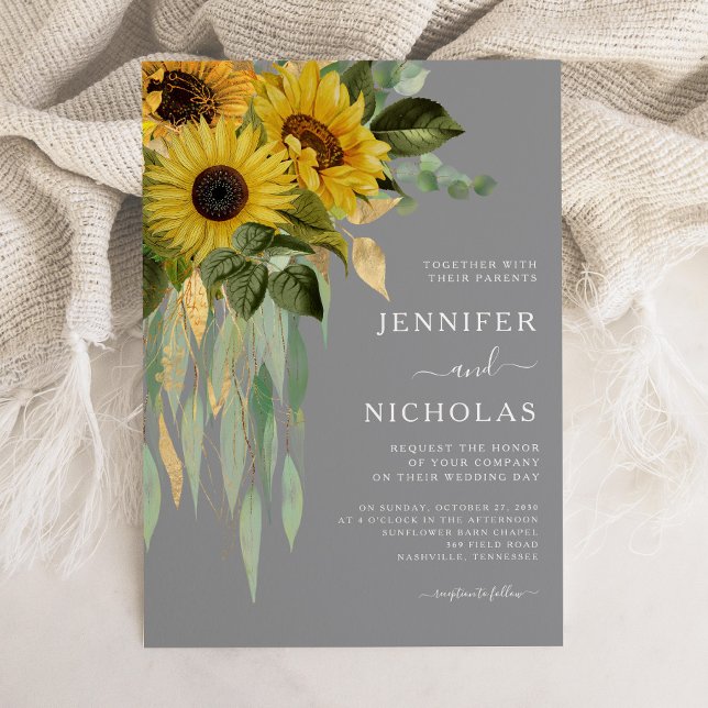 Invitación Boda moderno de girasoles grises (Modern Gray Sunflowers Wedding Invitation)