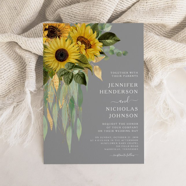 Invitación Boda moderno de girasoles grises (Modern Gray Sunflowers Wedding Invitation)