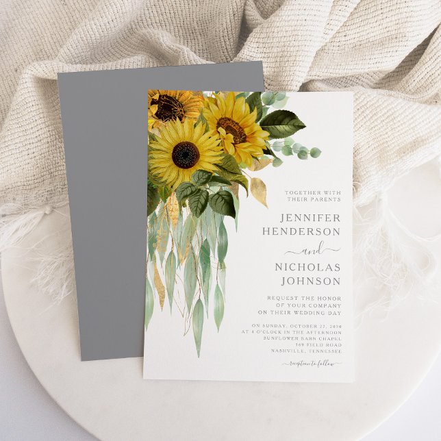Invitación Boda moderno de girasoles grises (Modern Gray Sunflowers Wedding Invitation)