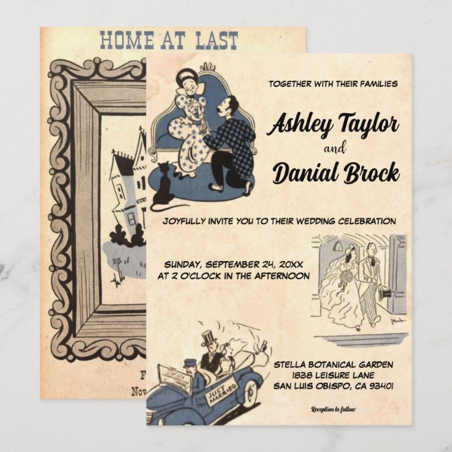 Invitación Boda moderno de historieta romántico antiguo retro (Anverso / Reverso)
