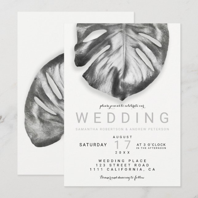 Invitación boda moderno de hojas de monstera plata tropical (Anverso / Reverso)