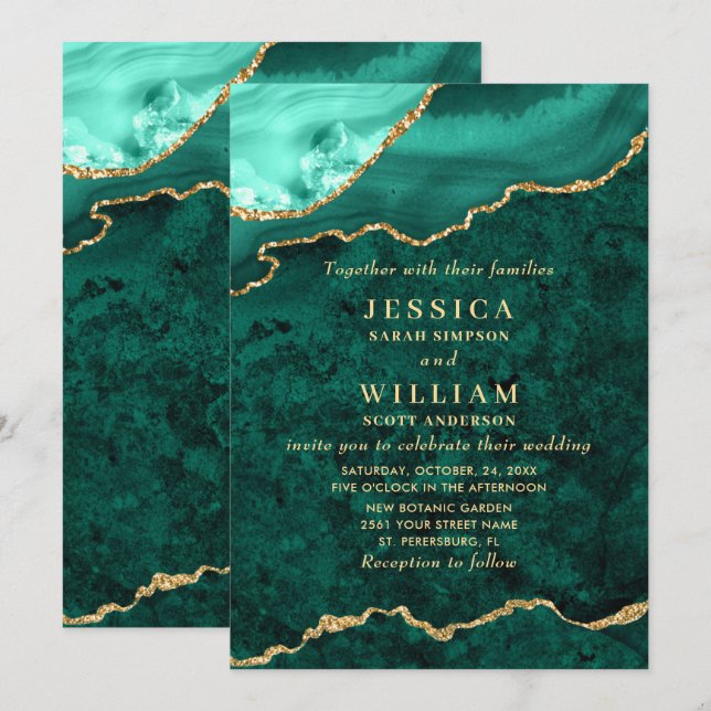 Invitación Boda moderno de la ágata de mármol verde dorado (Anverso / Reverso)