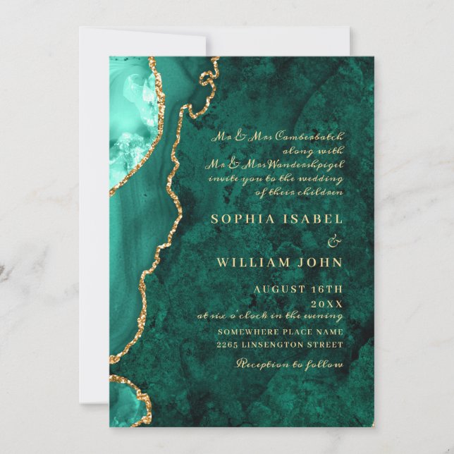 Invitación Boda moderno de la ágata de mármol verde dorado (Anverso)