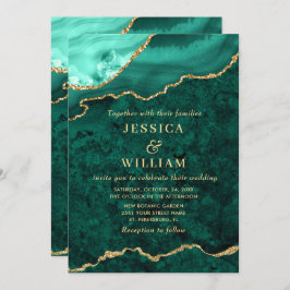 Invitación Boda moderno de la ágata de mármol verde dorado