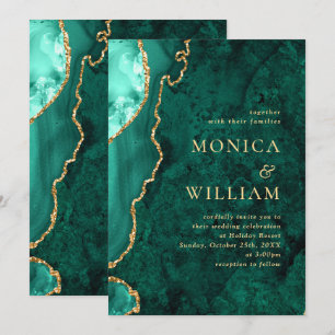 Invitación Boda moderno de la ágata de mármol verde dorado