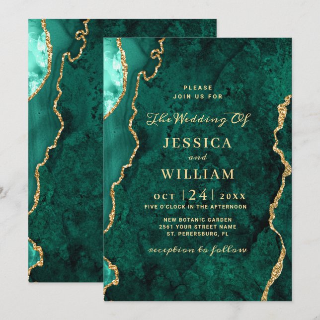 Invitación Boda moderno de la aglomeración de mármol verde de (Anverso / Reverso)