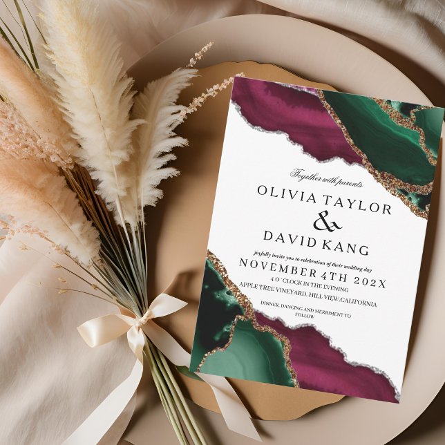 Invitación Boda moderno de la esmeralda verde borgoña del ága (Subido por el creador)
