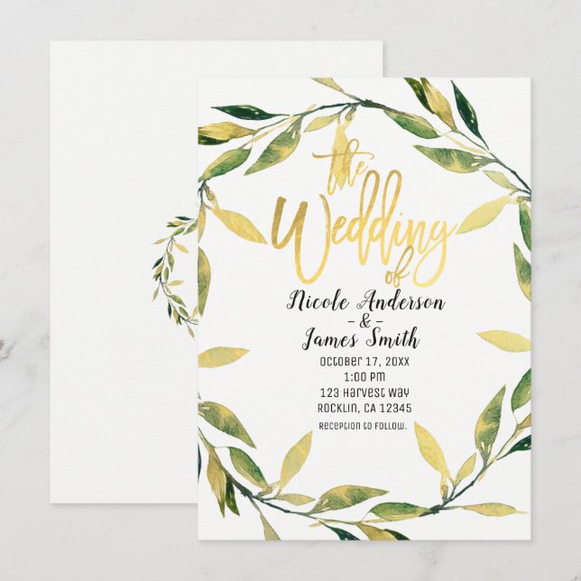 Invitación Boda moderno de la hoja verde botánica de oro (Anverso / Reverso)