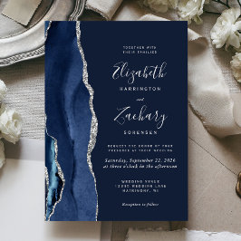 Invitación Boda moderno de la Marina Blue Silver Agate