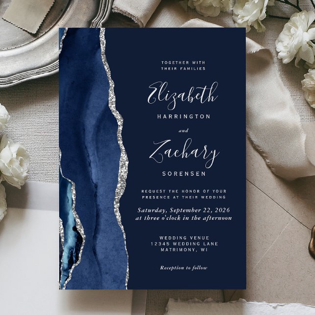 Invitación Boda moderno de la Marina Blue Silver Agate (Subido por el creador)