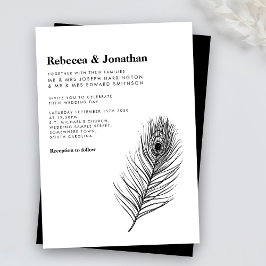 Invitación Boda moderno de la pluma de pavo real negra