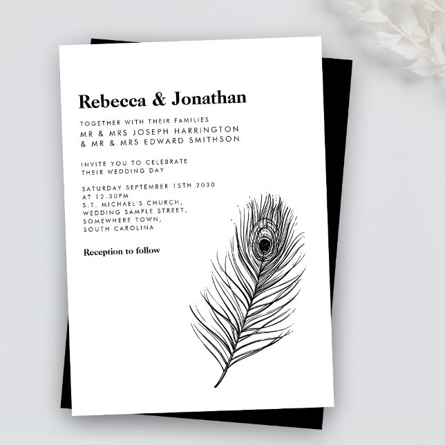 Invitación Boda moderno de la pluma de pavo real negra (Subido por el creador)