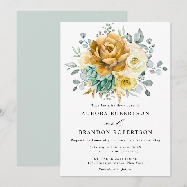 Invitación Boda moderno de la vegetación de la floración amar (Anverso / Reverso)