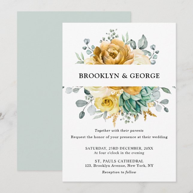 Invitación Boda moderno de la vegetación de la floración amar (Anverso / Reverso)