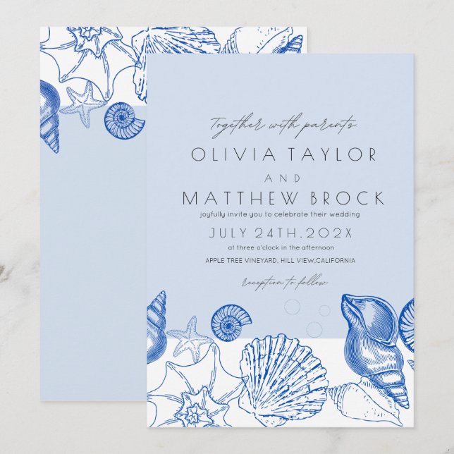 Invitación Boda moderno de las conchas azules de la marina oc (Anverso / Reverso)