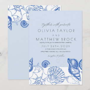 Invitación Boda moderno de las conchas azules de la marina oc