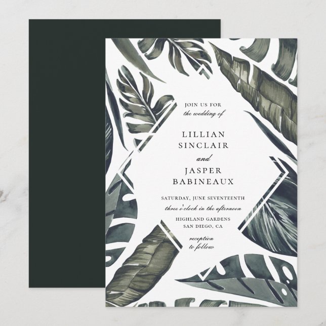 Invitación Boda moderno de marco de hoja de diamante trópico (Anverso / Reverso)