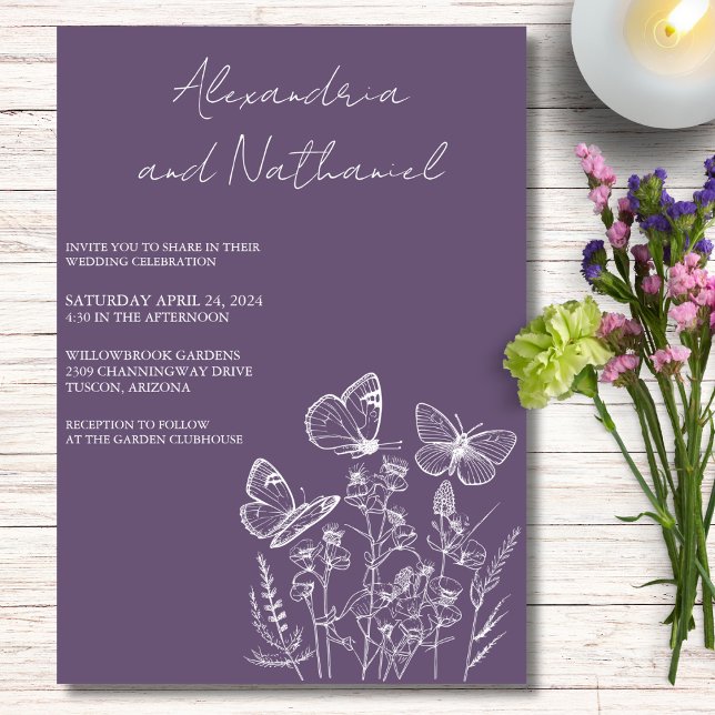 Invitación Boda moderno de mariposa morada y blanca (Subido por el creador)