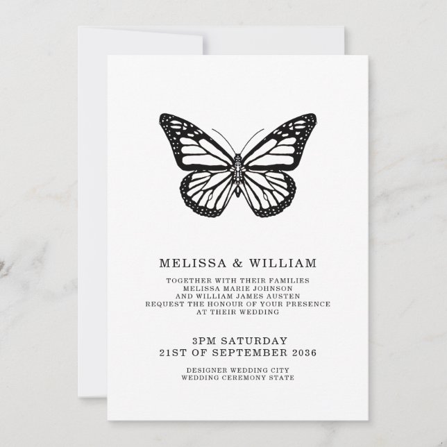 Invitación Boda moderno de mariposa negra y blanca (Anverso)