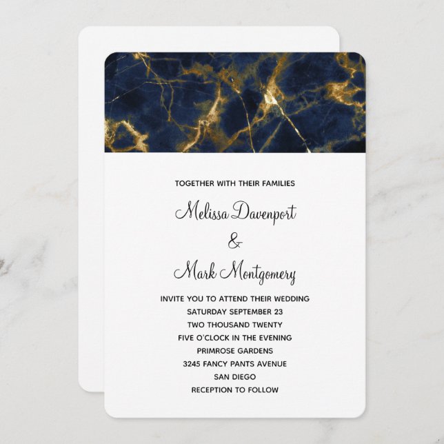 Invitación Boda moderno de mármol azul marino y oro (Anverso / Reverso)