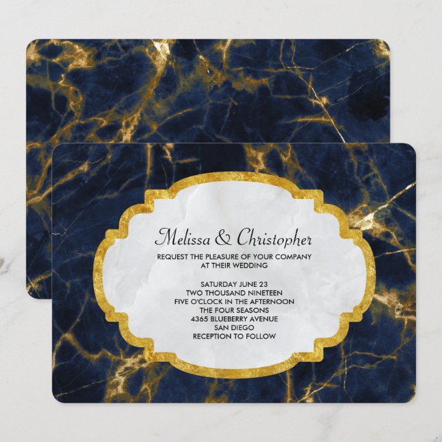 Invitación Boda moderno de mármol azul marino y oro (Anverso / Reverso)