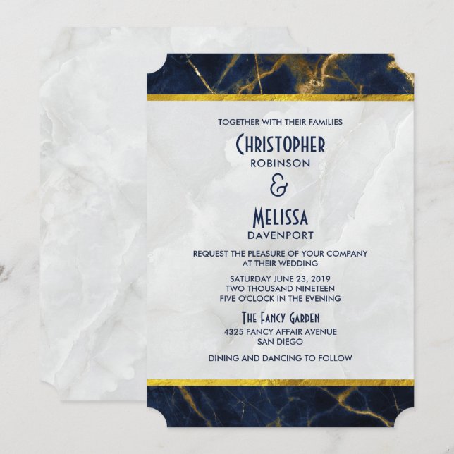 Invitación Boda moderno de mármol azul marino y oro (Anverso / Reverso)