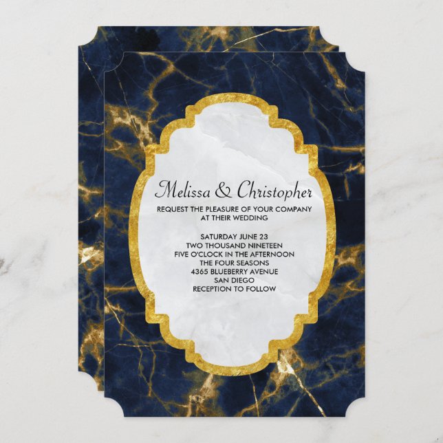 Invitación Boda moderno de mármol azul marino y oro (Anverso / Reverso)
