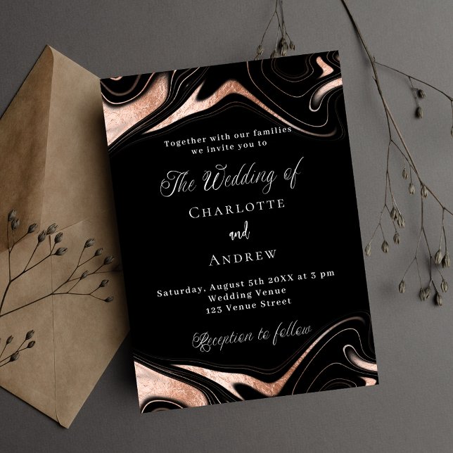Invitación Boda moderno de mármol rosa negro de oro (Subido por el creador)