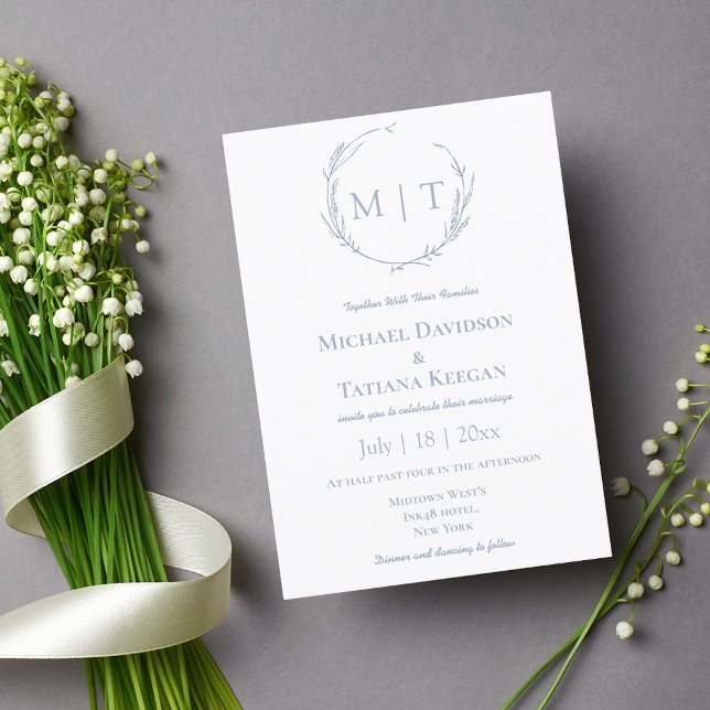 Invitación boda moderno de monograma natural Dusty Blue (Subido por el creador)