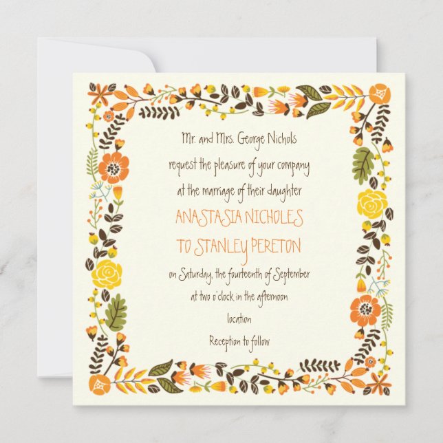 Invitación Boda moderno de naranja de color amarillo amarillo (Anverso)