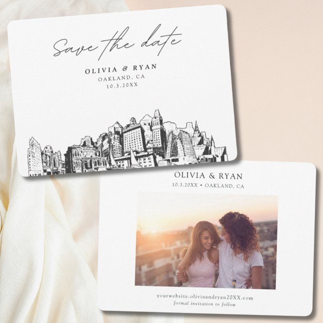 Invitación Boda moderno de Oakland salva la fecha (Oakland wedding skyline sketch with engagement photo)