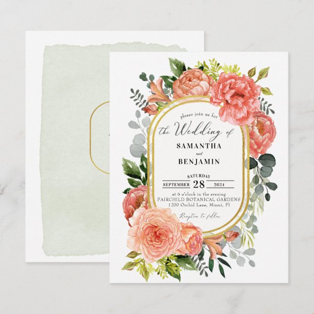 Invitación Boda Moderno de Oro Floral de Rubor Peach de presu (Anverso / Reverso)