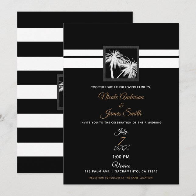 Invitación Boda moderno de palmeras tropicales blancas y negr (Anverso / Reverso)