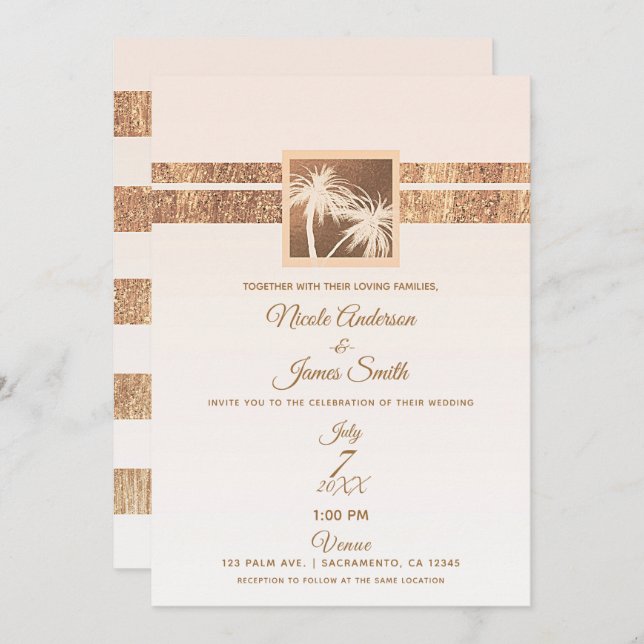 Invitación Boda moderno de palmeras tropicales de cobre y cre (Anverso / Reverso)