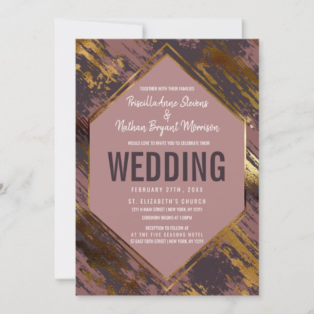 Invitación Boda moderno de pinceles de oro malva morada (Anverso)
