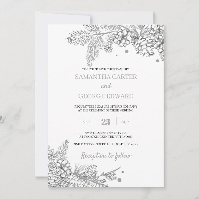 Invitación boda moderno de pino y conos de invierno plateado (Anverso)