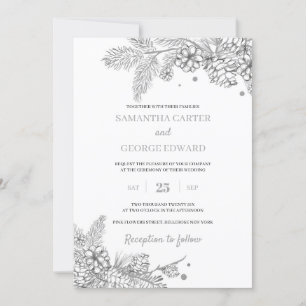 Invitación boda moderno de pino y conos de invierno plateado