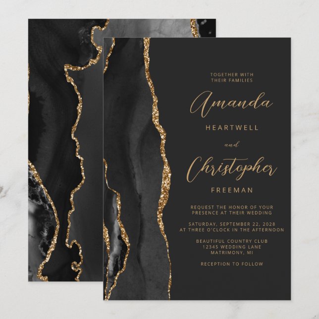 Invitación Boda moderno de pizarra de guiones de Black Gold A (Anverso / Reverso)