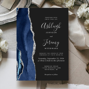 Invitación Boda moderno de plata azul de la marina de ataque