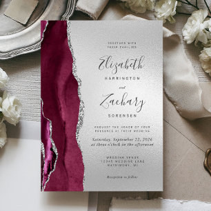 Invitación Boda moderno de plata de la agata de borgoña