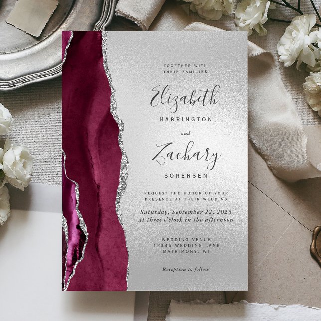 Invitación Boda moderno de plata de la agata de borgoña (Subido por el creador)